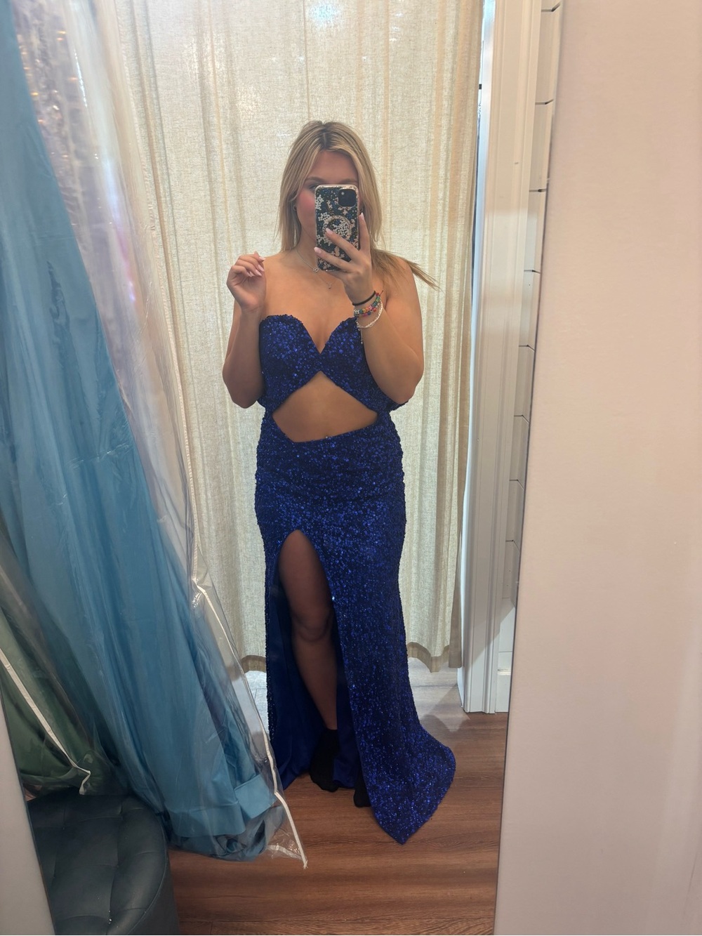 Strapless Royal Blue Sequin Cutout prom Dress